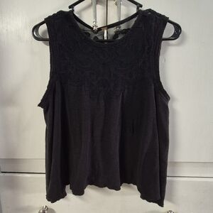Free People Swing Tank Top Women Small Black Linen Blend Lace Inset Sleeveless